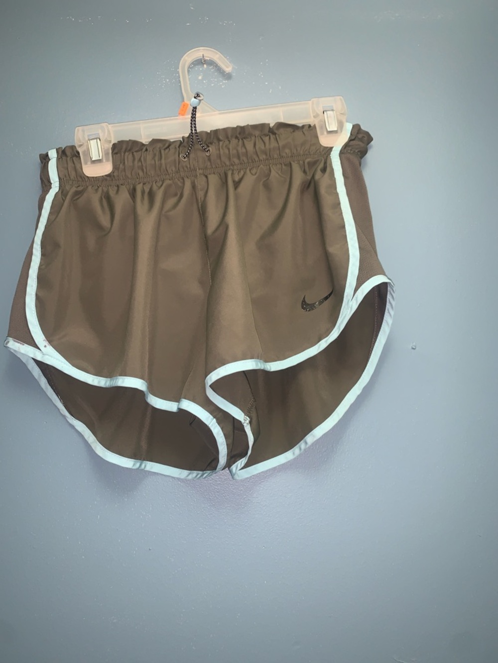 Nike Women's Olive Track Shorts with Light Blue Trim